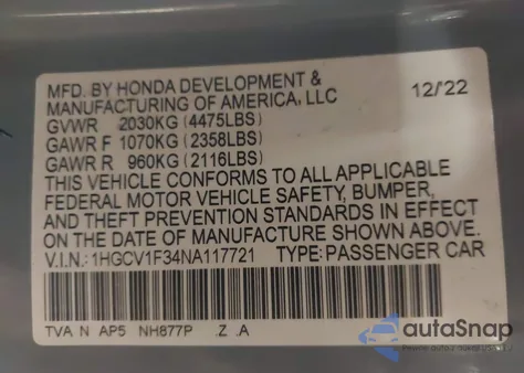 2022 Honda Accord Sport z USA, uszkodzony, nr VIN 1HGCV1F34NA117721